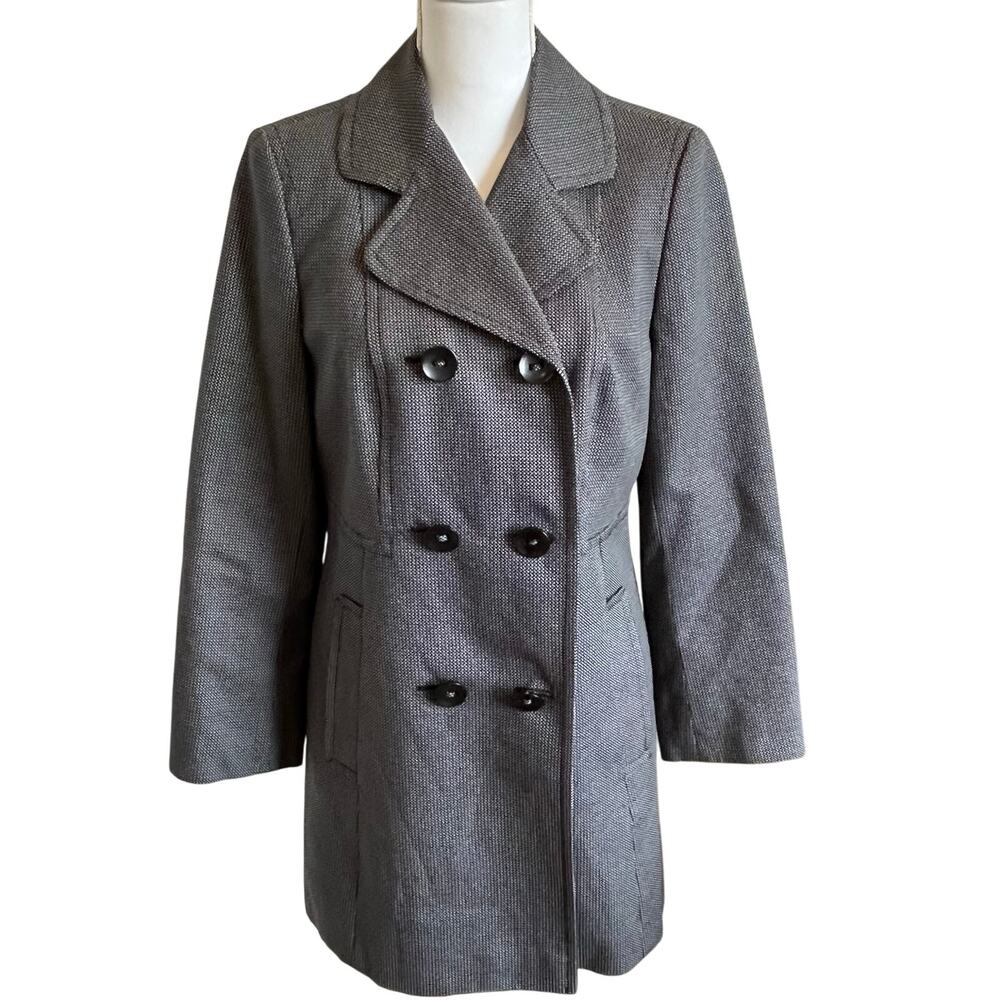 Ann Taylor Loft Jacket Pea Coat Sz Medium Black White Buttons Lined Cotton Dots